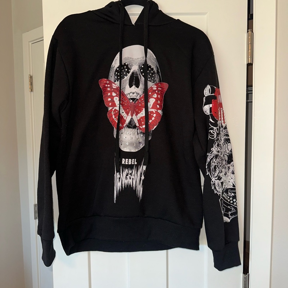 Rebel Vengeance Black Hoodie with Butterfly  Skull Design Rhinestone Accents